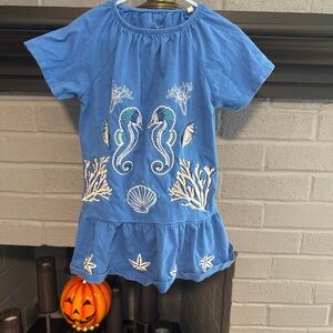 Mini Boden Ocean Blue Dress with Sea Life Embroidery